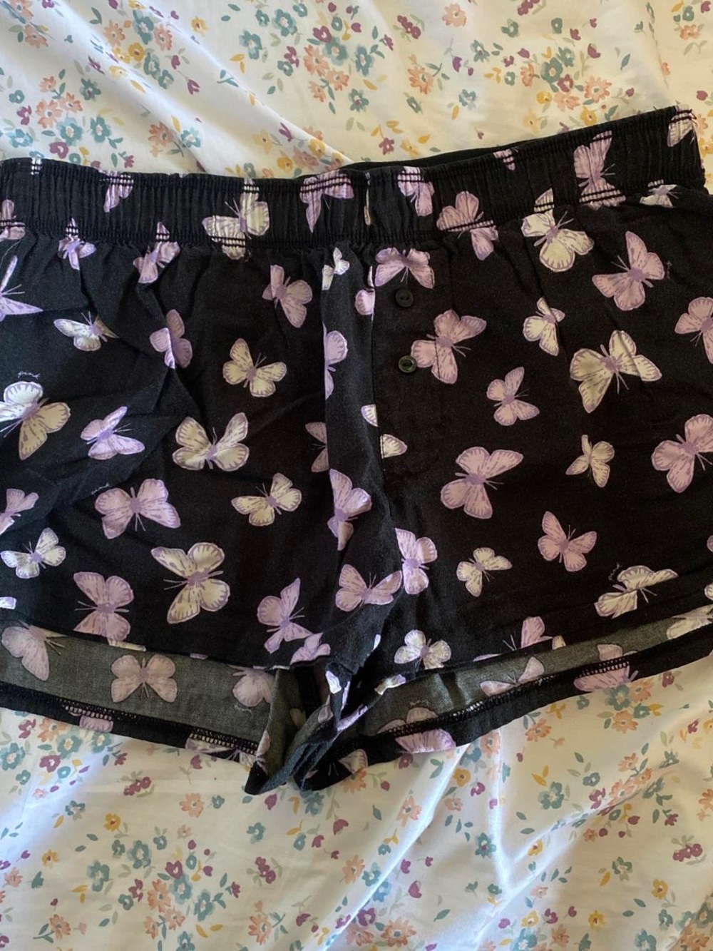 PINK Victoria's Secret Black Shorts with Lavender Butterfly Print